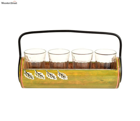 Green Colour Wooden Snacks Carrier With Glasses