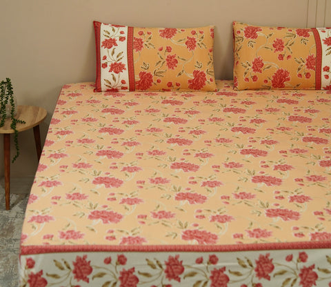 120 TC Imperial Blossoms Cotton Bedsheet King Size With 2 Pillow Cover (Peach)