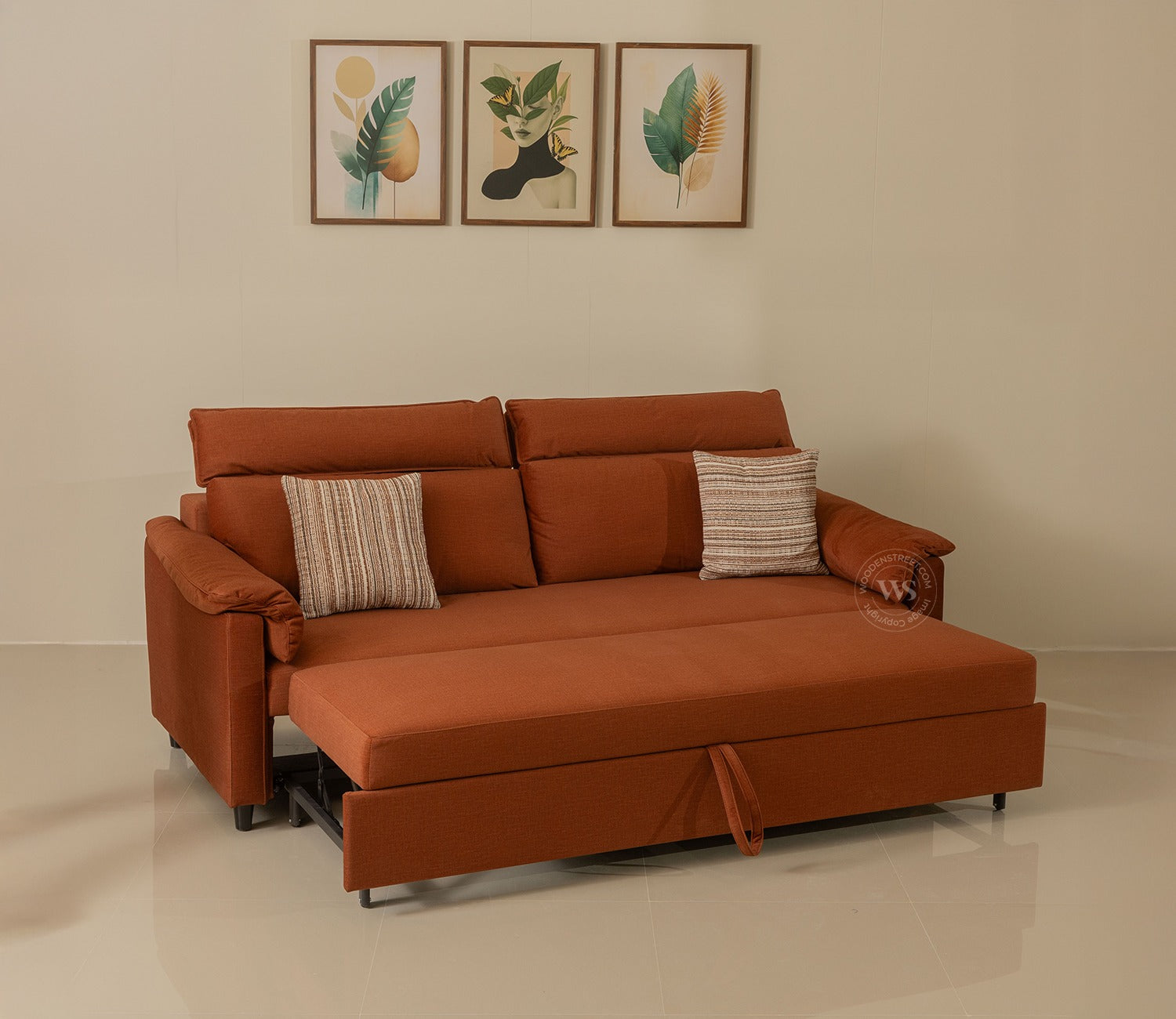 Bruna 3-Seater Convertible Sofa Cum Bed | Pull-Out Mechanism | Adjustable Backrest | Premium Fabric Upholstery | Space-Saving Design (Orange)