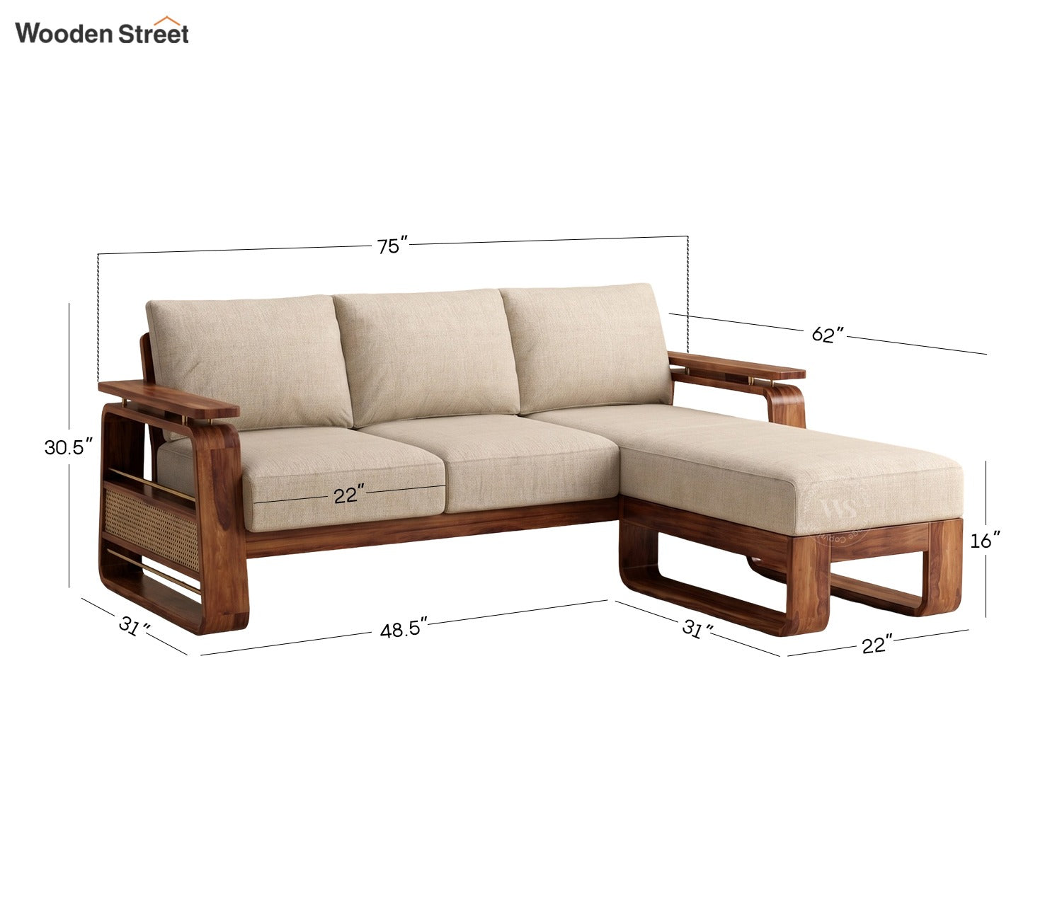Vedic Sheesham Wood L Shape Left Align Sofa With Cane and Brass Detailing (Honey Finish, Jade Ivory)