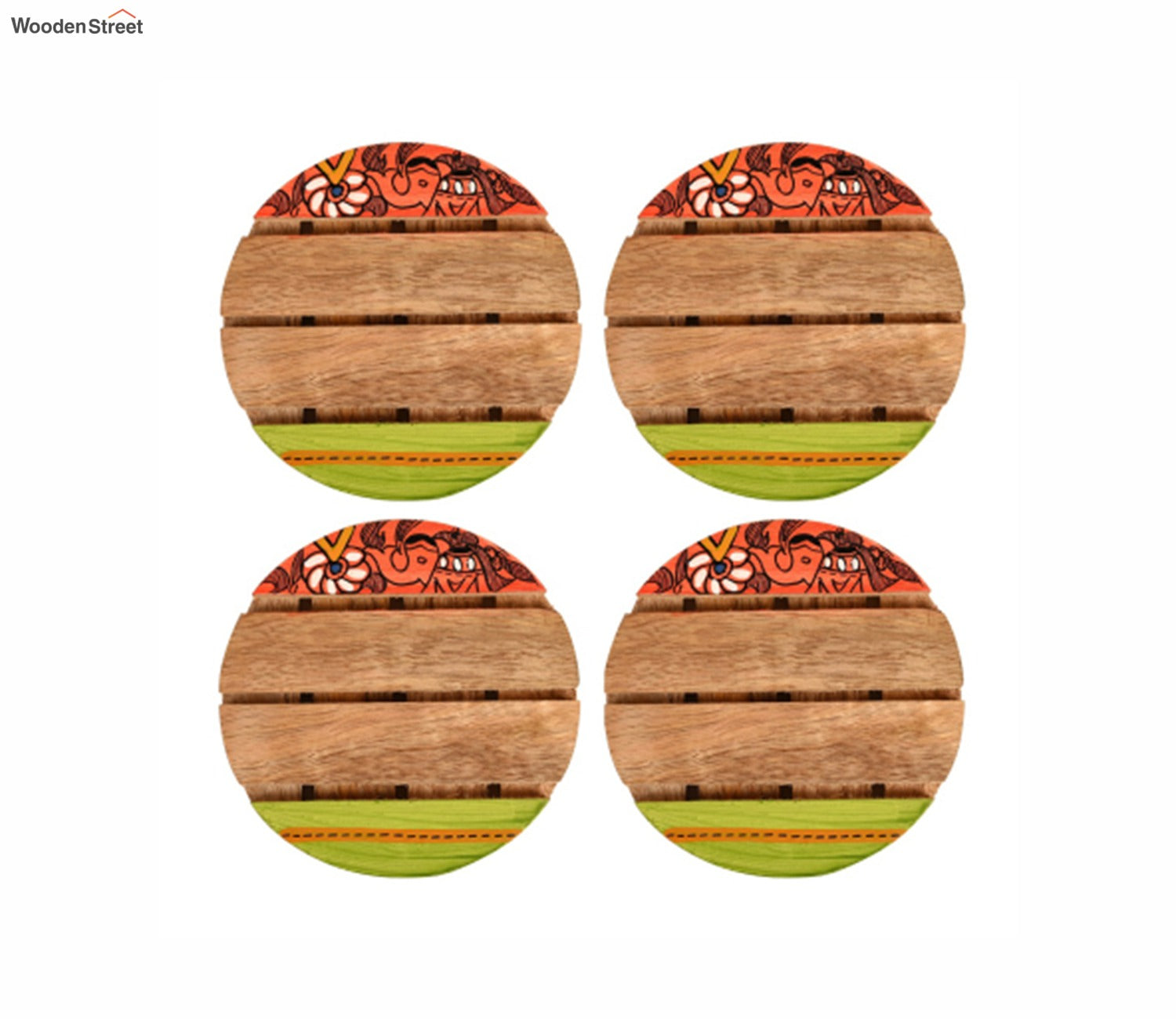 Madhubani Art Round Wooden Handcrafted Coaster - Set of 4
