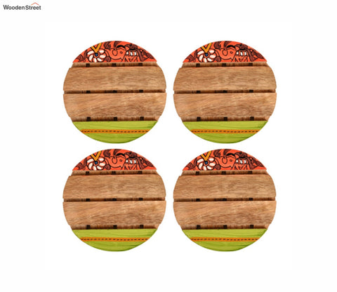 Madhubani Art Round Wooden Handcrafted Coaster - Set of 4