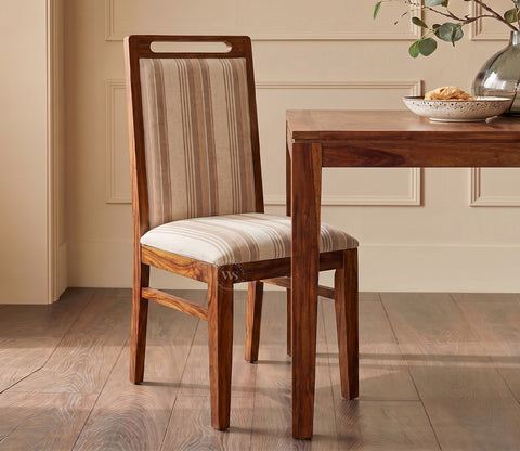 Hazel Sheesham Wood Premium Cotton Cushioned Dining Chair - Set of 2 (Cotton, Honey Cream Stripe)