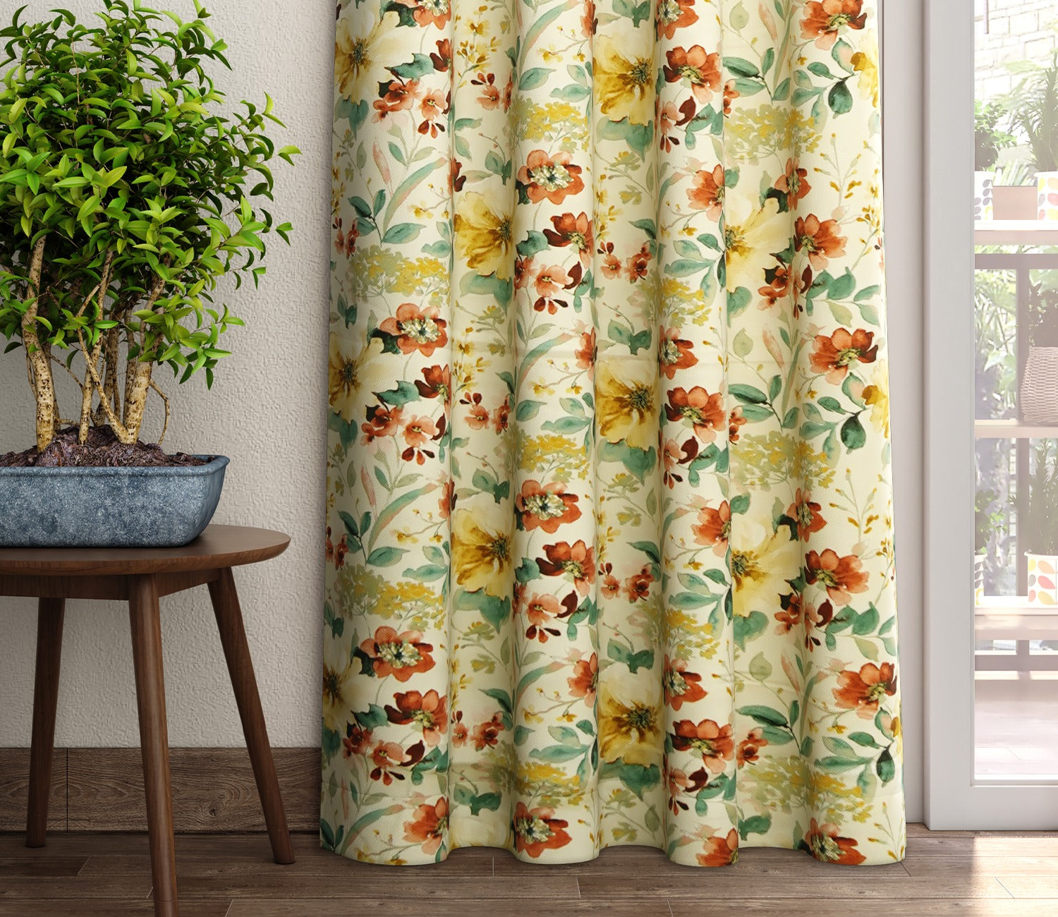Rose Floral Print 1 Piece Light-Filtering Curtain (Yellow, 7 Feet)