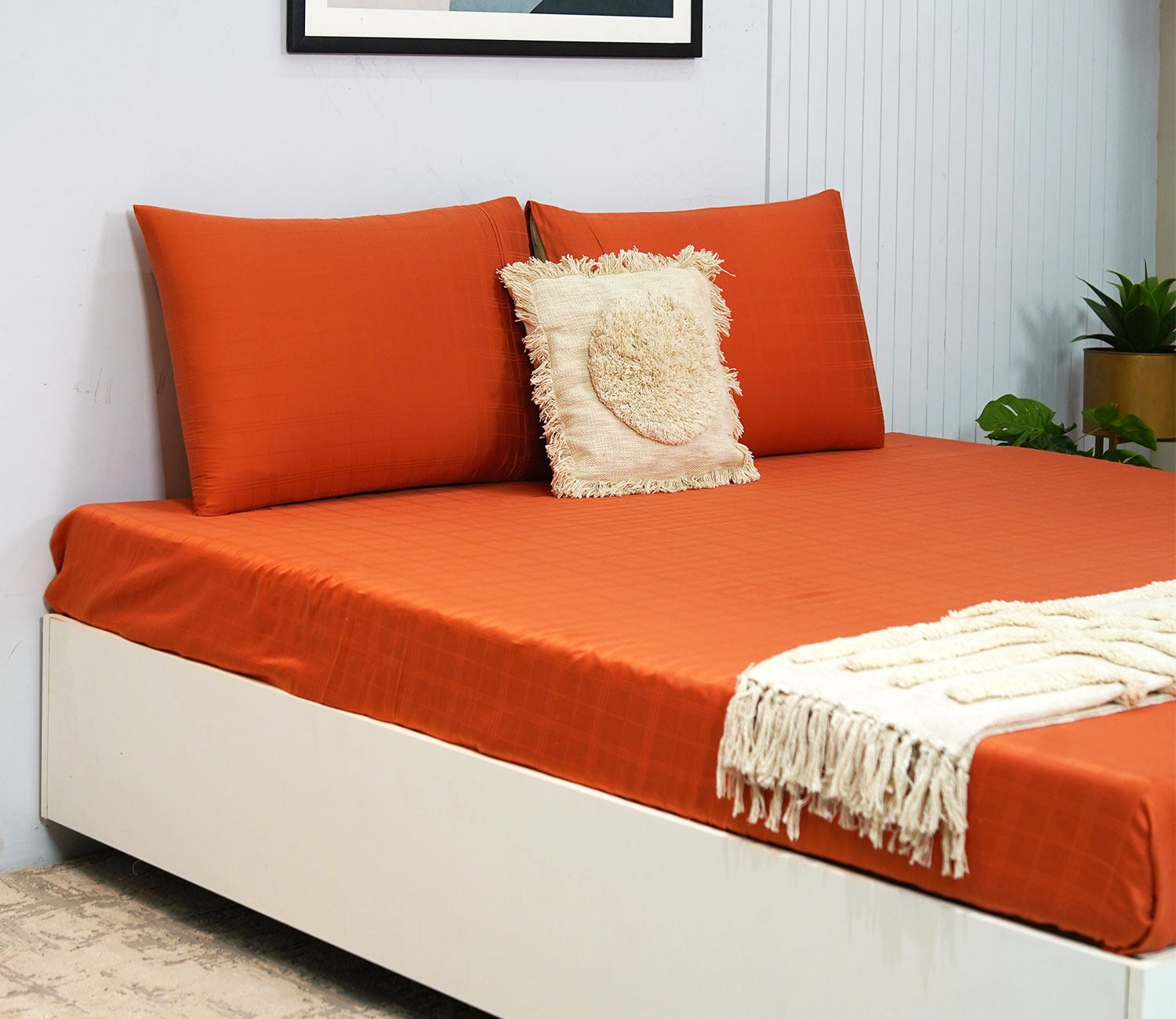 Dobby Checks Organic Bamboo 300 TC 2 Pillowcases and 1 Fitted Bedsheet (Orange, King Size)