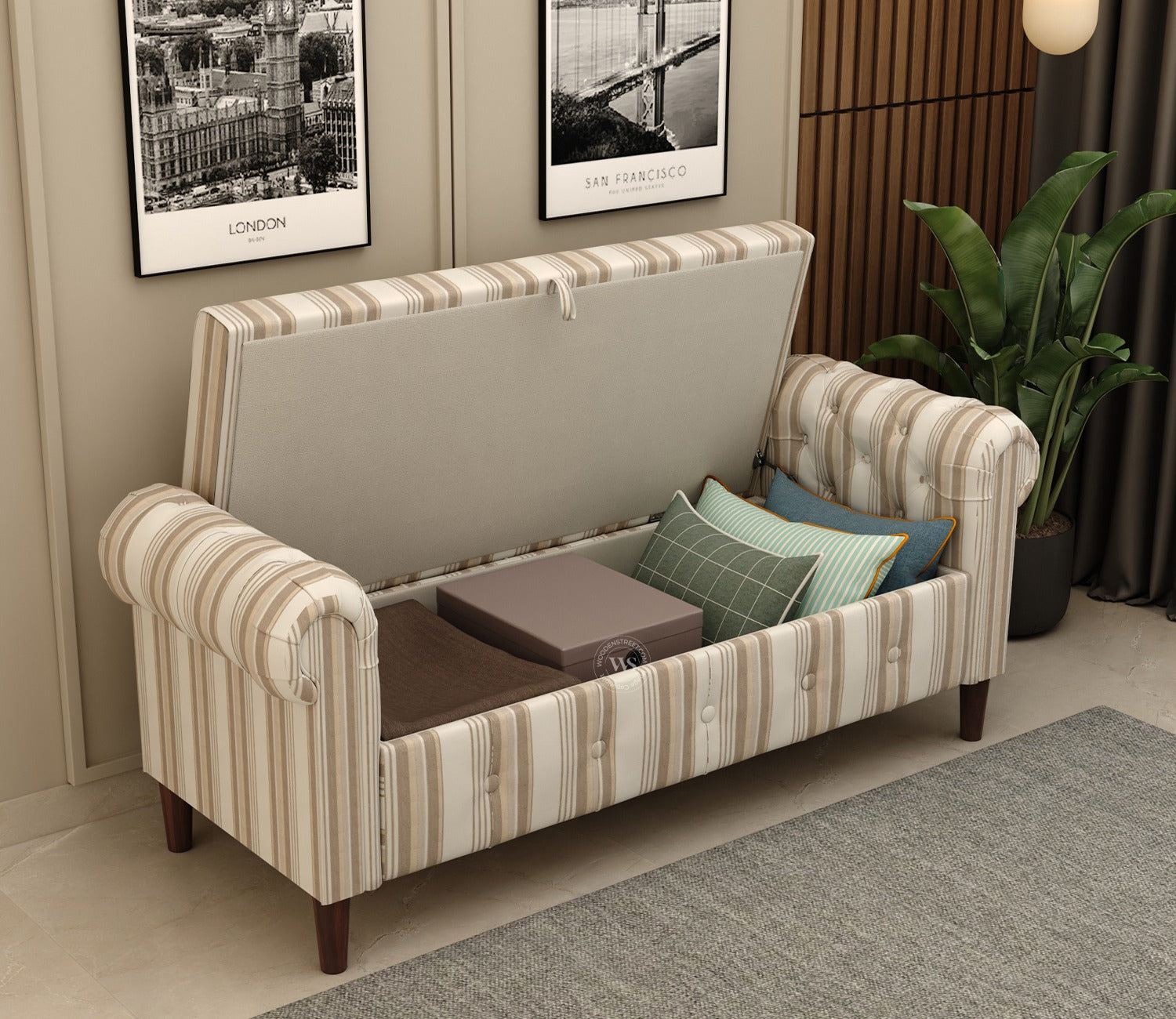 Velo Cushioned Hand Carved Sofa Bench With Hidden Storage (Cream Strip)