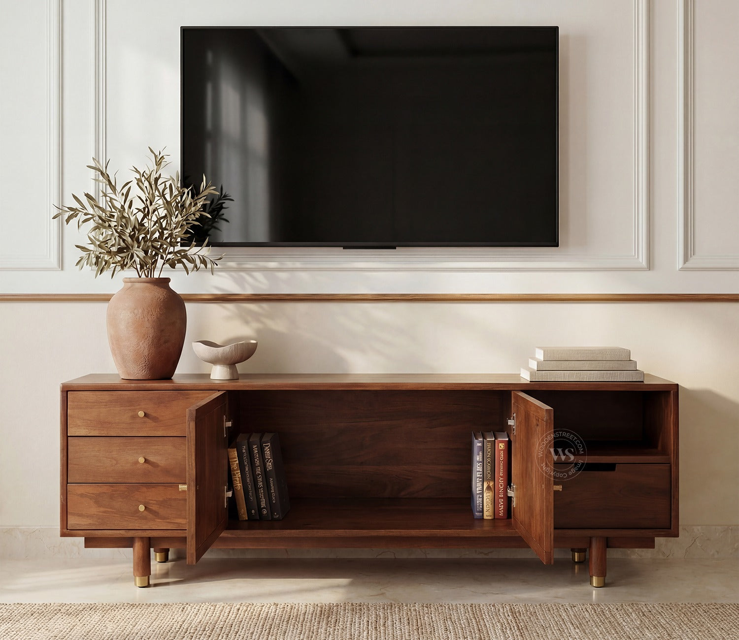 Eka Premium Mango Wood TV Unit with Natural Cane Detailing - Bohemian Contemporary Design (Teak Finish)