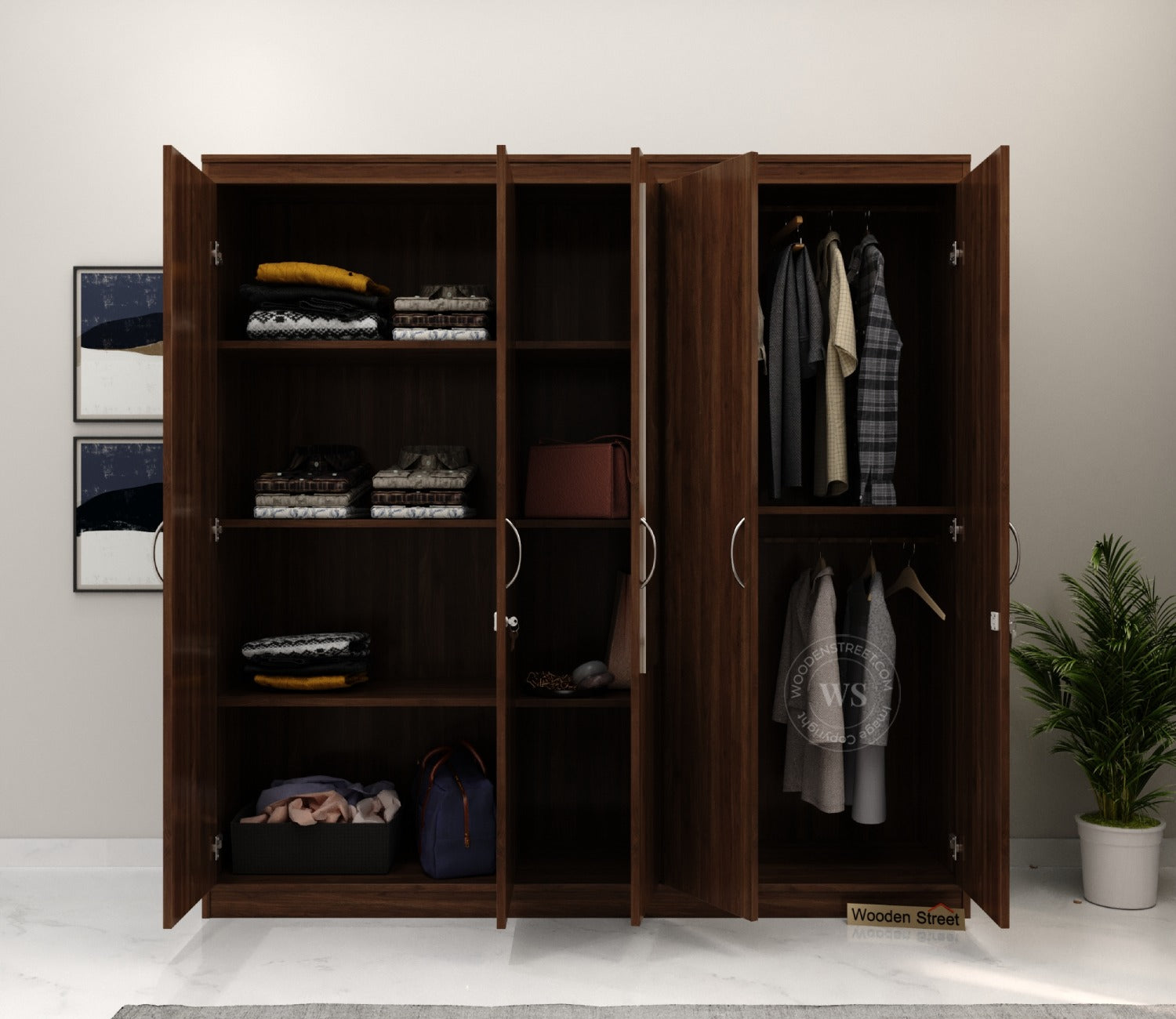 Mahin Five Door Multi Utility Wardrobe with Mirror (Columbian Walnut Finish)