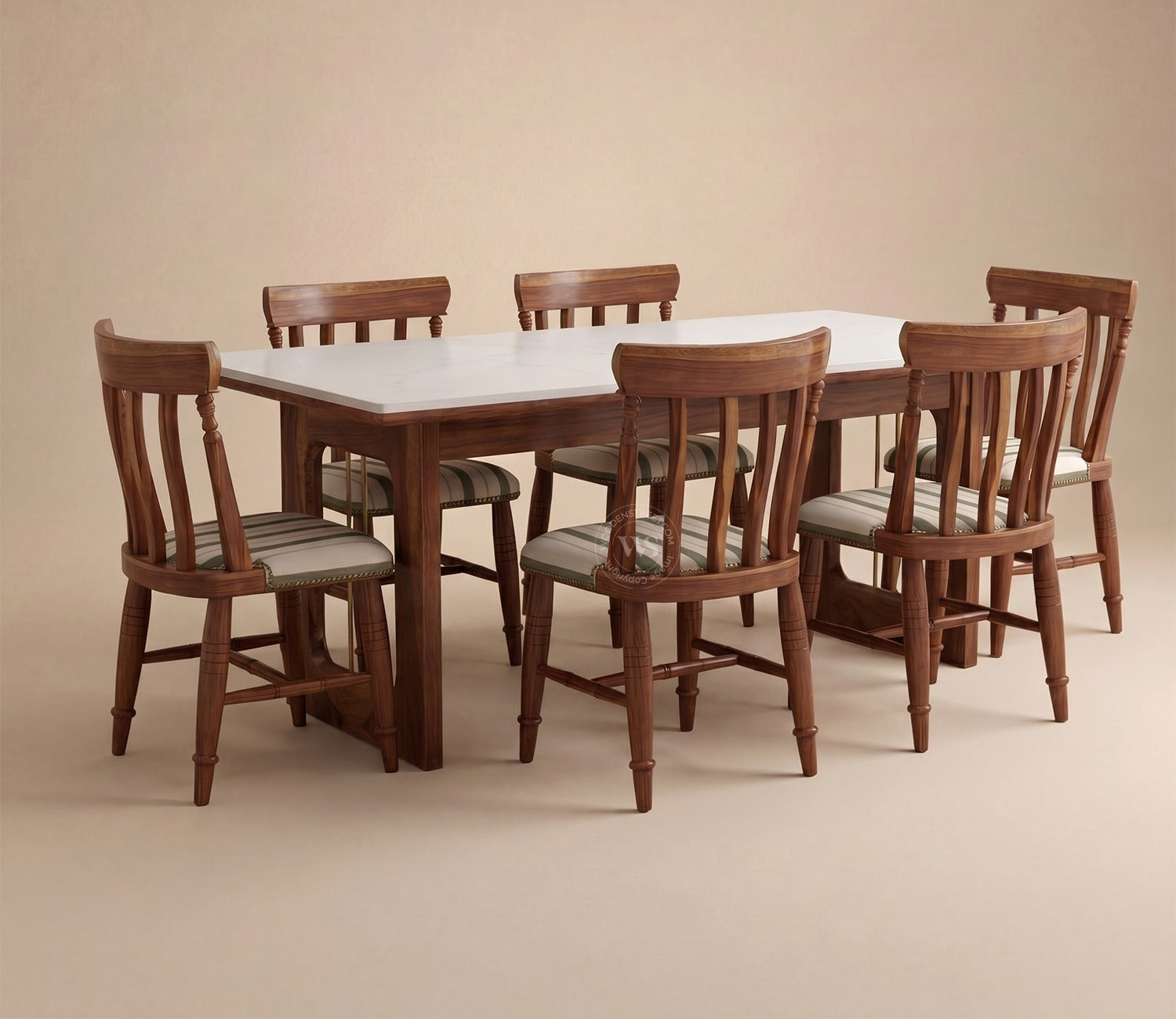 Kanak Designer 6 Seater Sheesham Wood Dining Table Set with Mishaan Quartz Top Table and Misha Chair (Teak Finish)