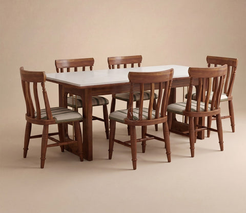 Kanak Designer 6 Seater Sheesham Wood Dining Table Set with Mishaan Quartz Top Table and Misha Chair (Teak Finish)
