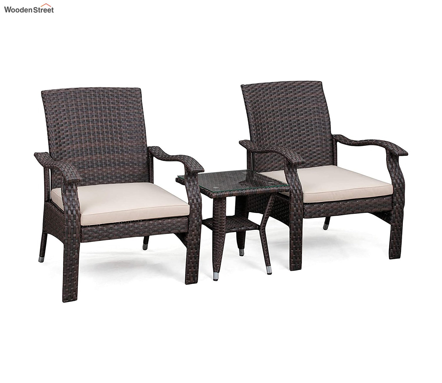 Dark Brown Rattan And Wicker 2 Seater Set With Table And Off White Cushions