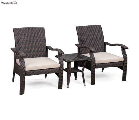 Dark Brown Rattan And Wicker 2 Seater Set With Table And Off White Cushions