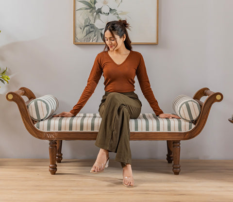 Virasat Sheesham Wood Sofa Bench With Cushioned Seat (Teak Finish, Green Stripes)