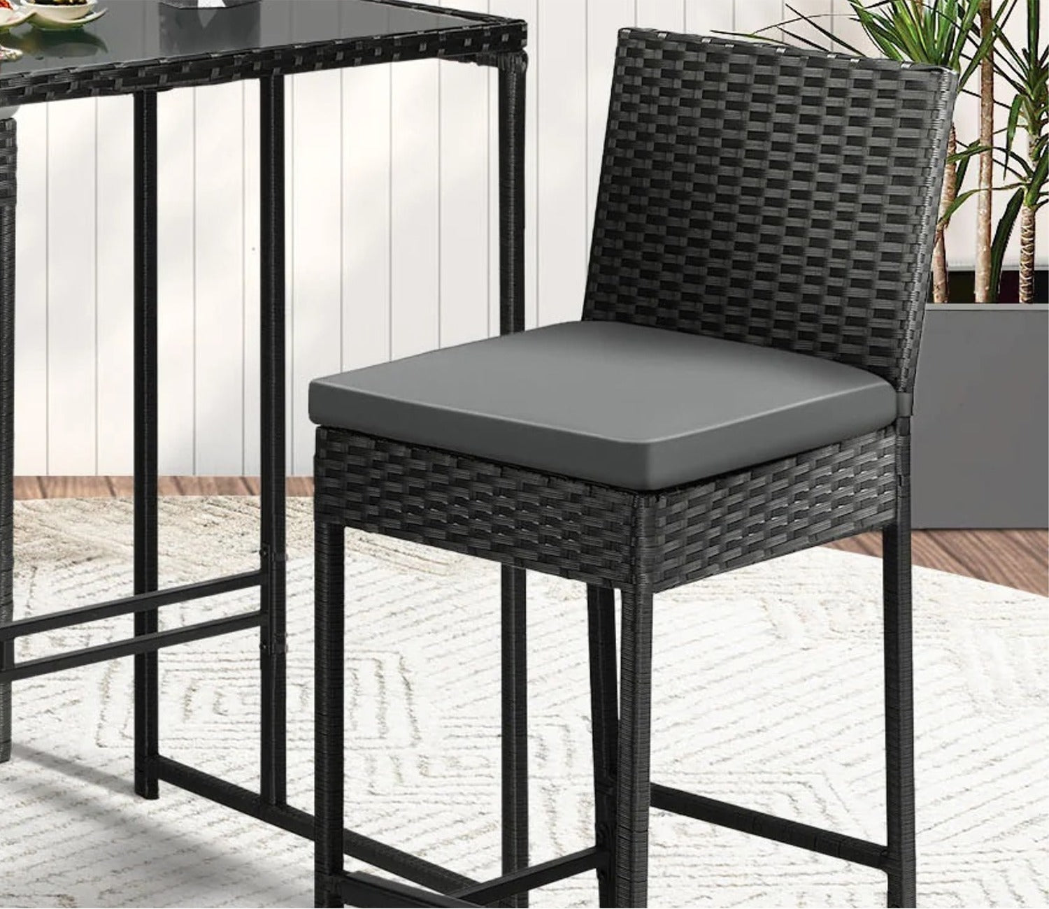 Black Rattan And Wicker 2 Seater Bar Set With Table And Grey Cushions