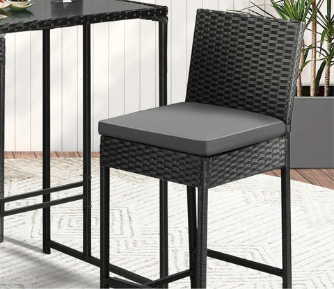 Black Rattan And Wicker 2 Seater Bar Set With Table And Grey Cushions