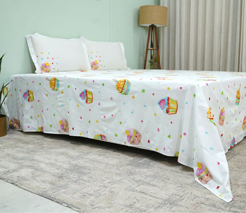 Cupcakes Flat Cotton Kids Bed Sheet King Size with 2 Pillow Covers