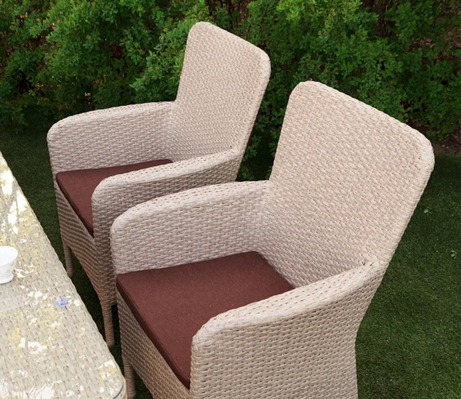 Beige Rattan And Wicker Dinning Set With Dark Brown Cushions