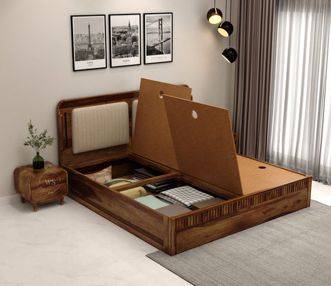 Lotus Premium Sheesham Wood Bed with Box Storage (King Size, Teak Finish)