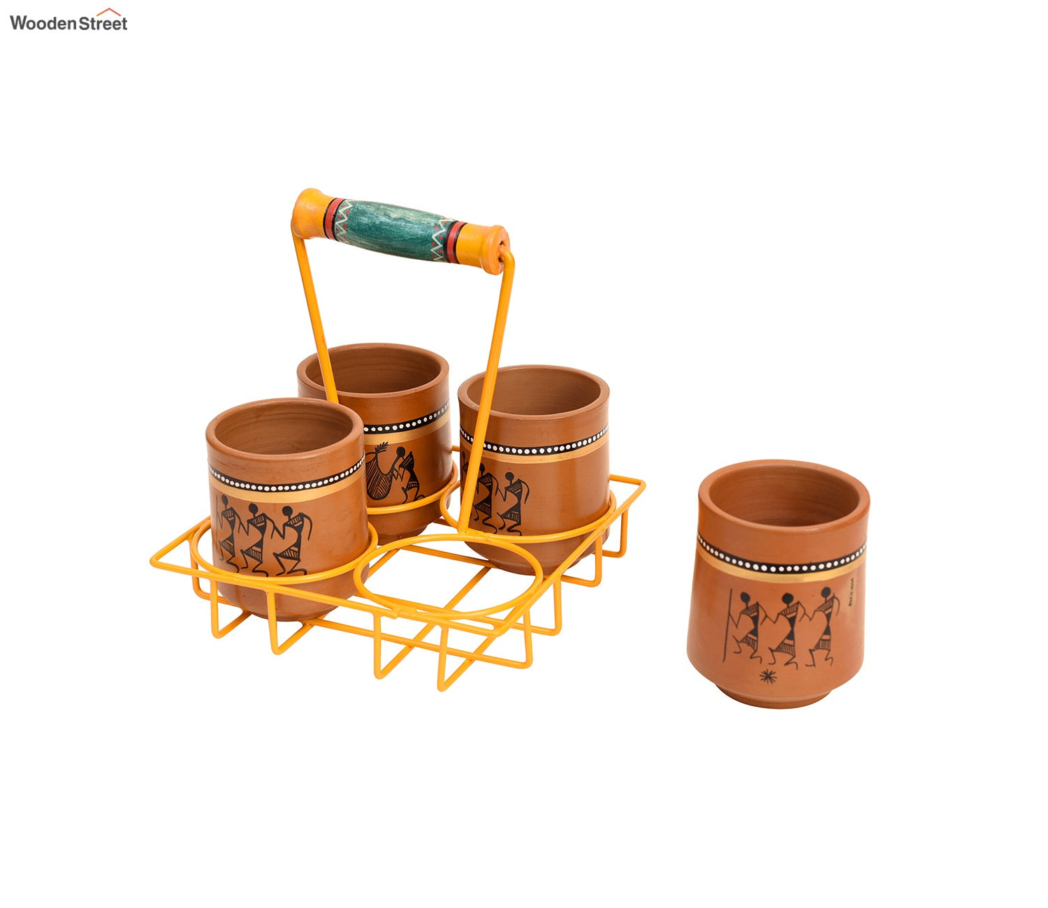 Ram Pyari Kullad Set in Yellow Handpainted Metal Stand - Set of 4