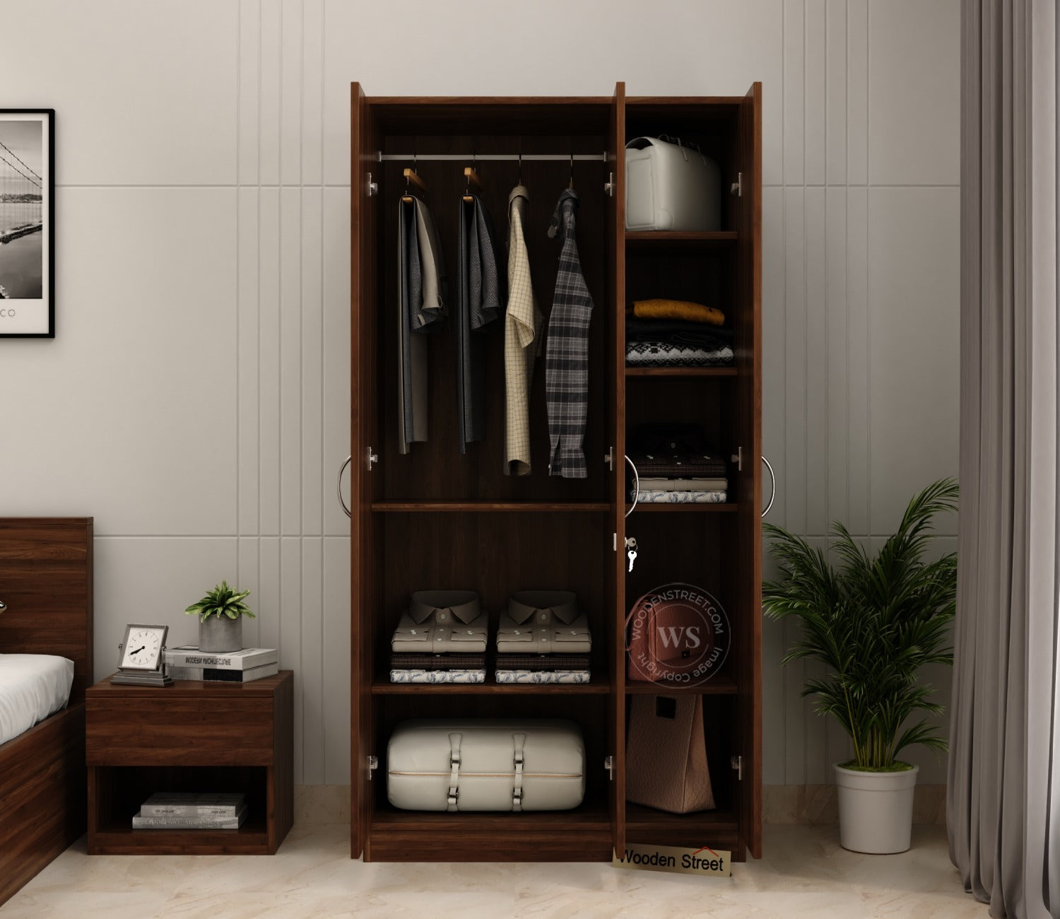 Kayden 3 Door Multi Utility Wardrobe With Hanging Rod (Columbian Walnut Finish)