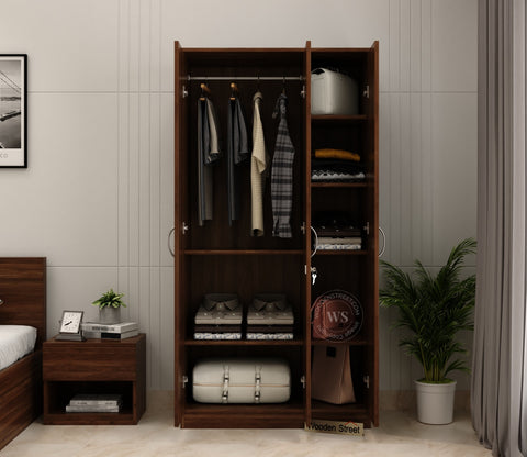 Kayden 3 Door Multi Utility Wardrobe With Hanging Rod (Columbian Walnut Finish)