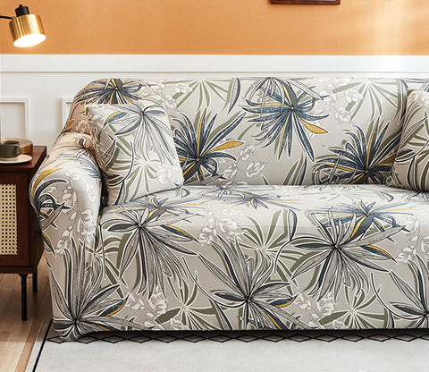 Cassia Floral Printed Polyester Spandex 2 Seater Sofa Cover (Beige)