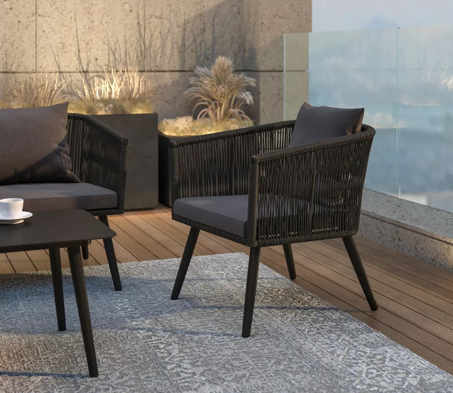 Black Rope 4 Seater Set With Table And Dark Grey Cushions