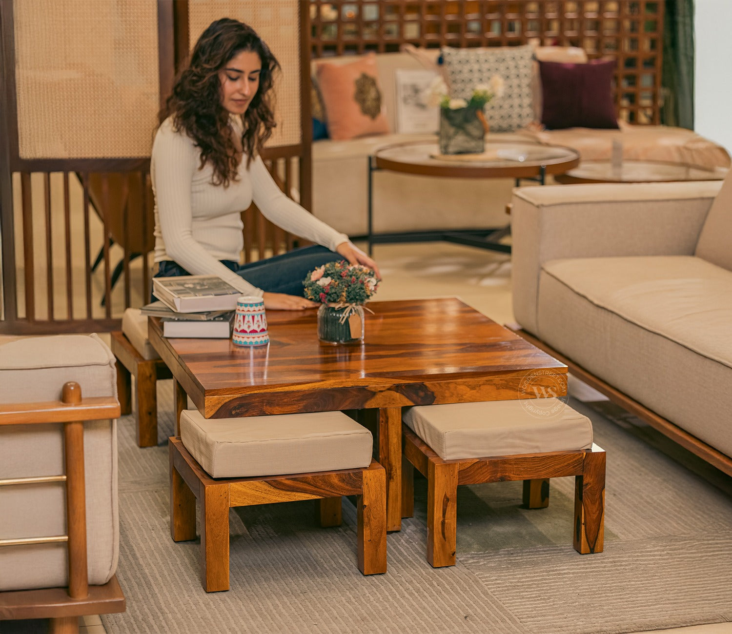 Reid Sheesham Wood Coffee Table with Four Cushioned Stools (Honey Finish)