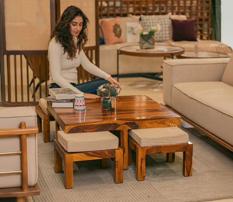 Reid Sheesham Wood Coffee Table with Four Cushioned Stools (Honey Finish)