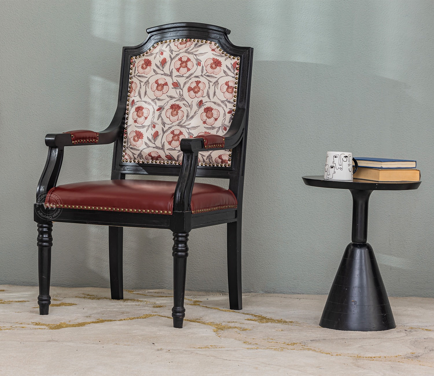 Heritage Dual Upholstery Sheesham Wood Arm Chair with Brass Detailing (Red)
