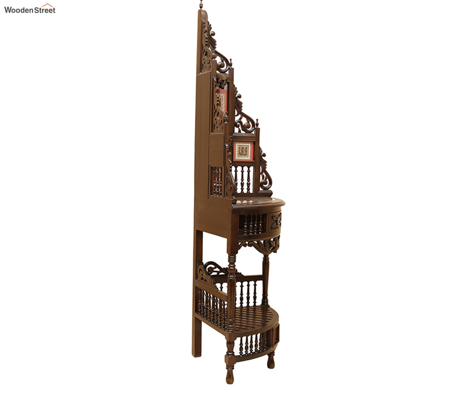 Quadro Teak Wood Corner Table with Storage and Carved Elevation
