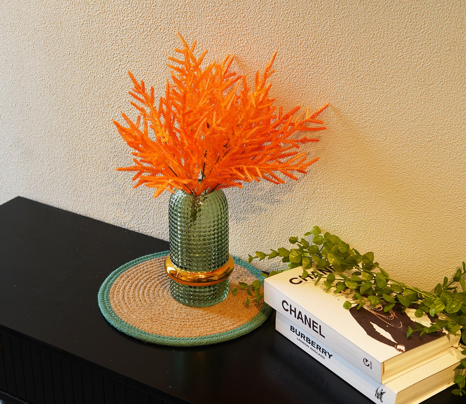 Ever Bloom Artificial Plant Plastic Iron Leaf Plastic Set of 2 (Orange)