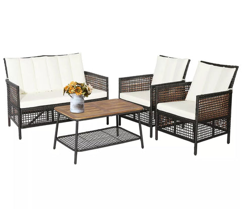 Dark Brown Rattan And Wicker 4 Seater Sofa Set With Rectangle Table And Off White Cushions