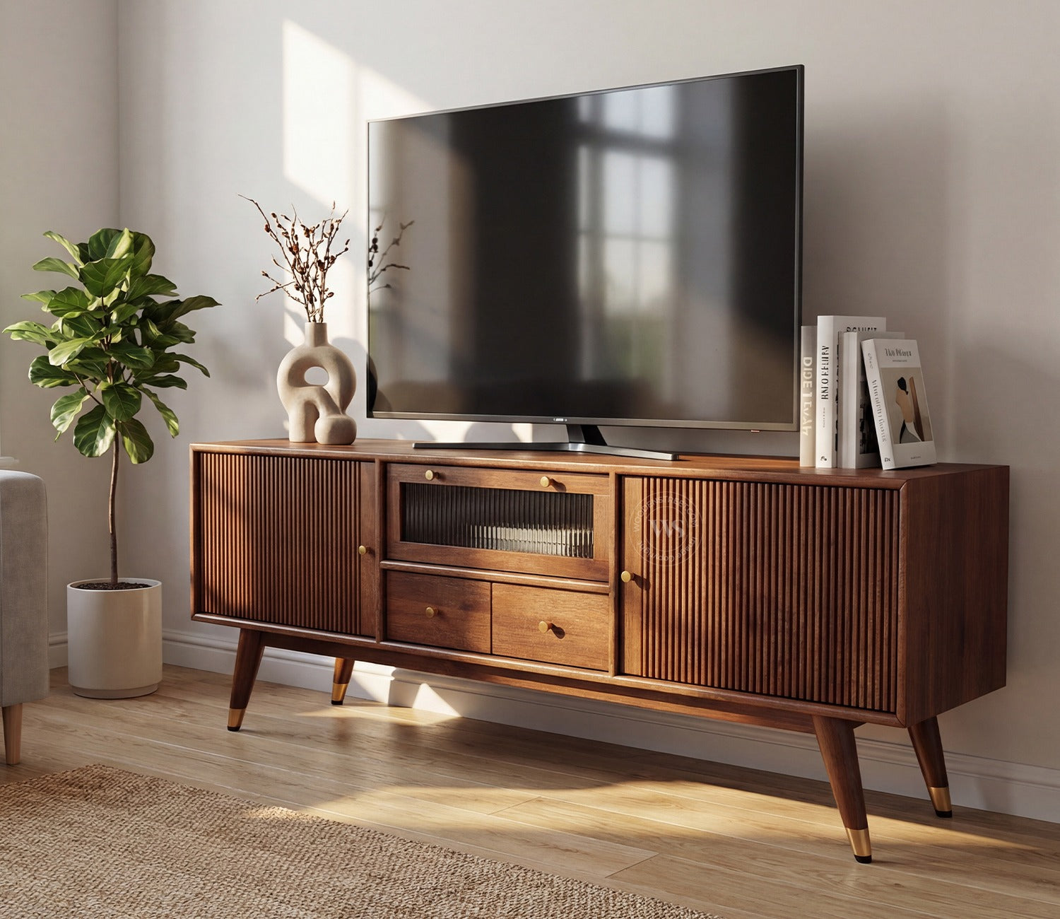 Hamona Premium Mango Wood TV Unit with Drawers And Cabinets (Teak Finish)