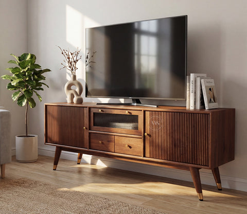 Hamona Premium Mango Wood TV Unit with Drawers And Cabinets (Teak Finish)