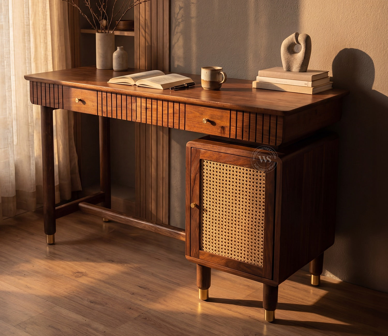 Kalam Modern Designer Sheesham Wood Study Table with Cane Accents & Drawer Storage (Teak Finish)