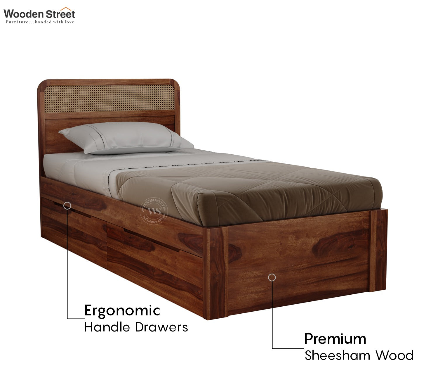 Balikos Sheesham Wood Bed with Drawer Storage and Cane Detailing (Single Size, Teak Finish)