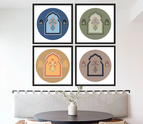 Lively Floral Print Jharokha Set of 4 Wall Frame (Square, Black, 16x16 Inch, Matte Paper)