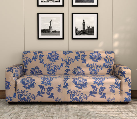 Grace Floral Printed Polyester Spandex 3 Seater Sofa Cover (Blue)