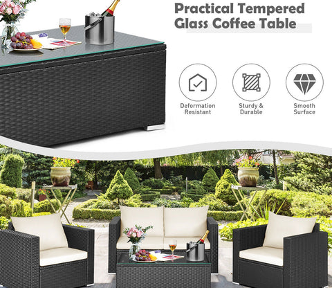 Black Rattan And Wicker 4 Seater Outdoor Furniture Set With Table And Cream Cushions