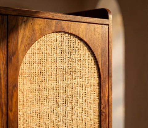 Amodh Sheesham Wood Bar Cabinet with Arched Cane Doors & Brass Handles (Teak Finish)