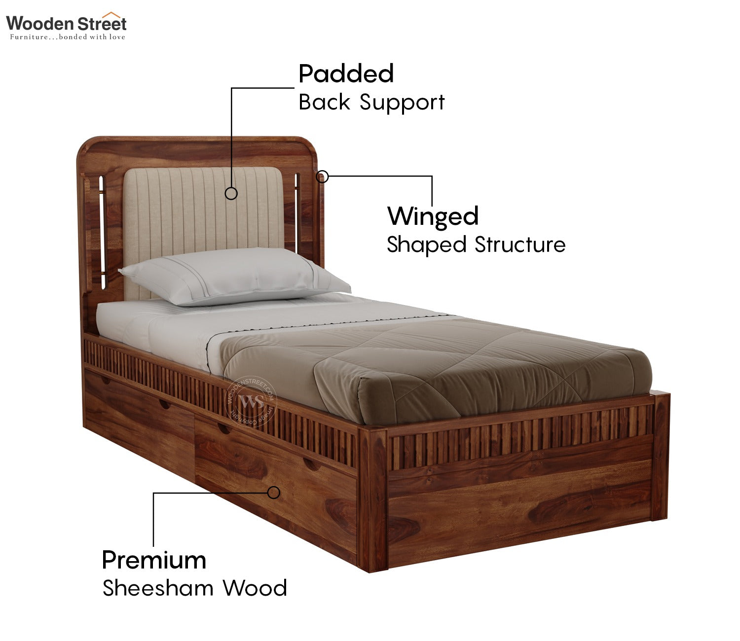 Lotus Premium Sheesham Wood Bed with Drawer Storage (Single Size, Honey Finish)