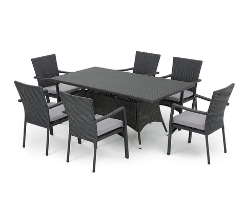 Black Rattan And Wicker Dinning Set With Grey Cushions