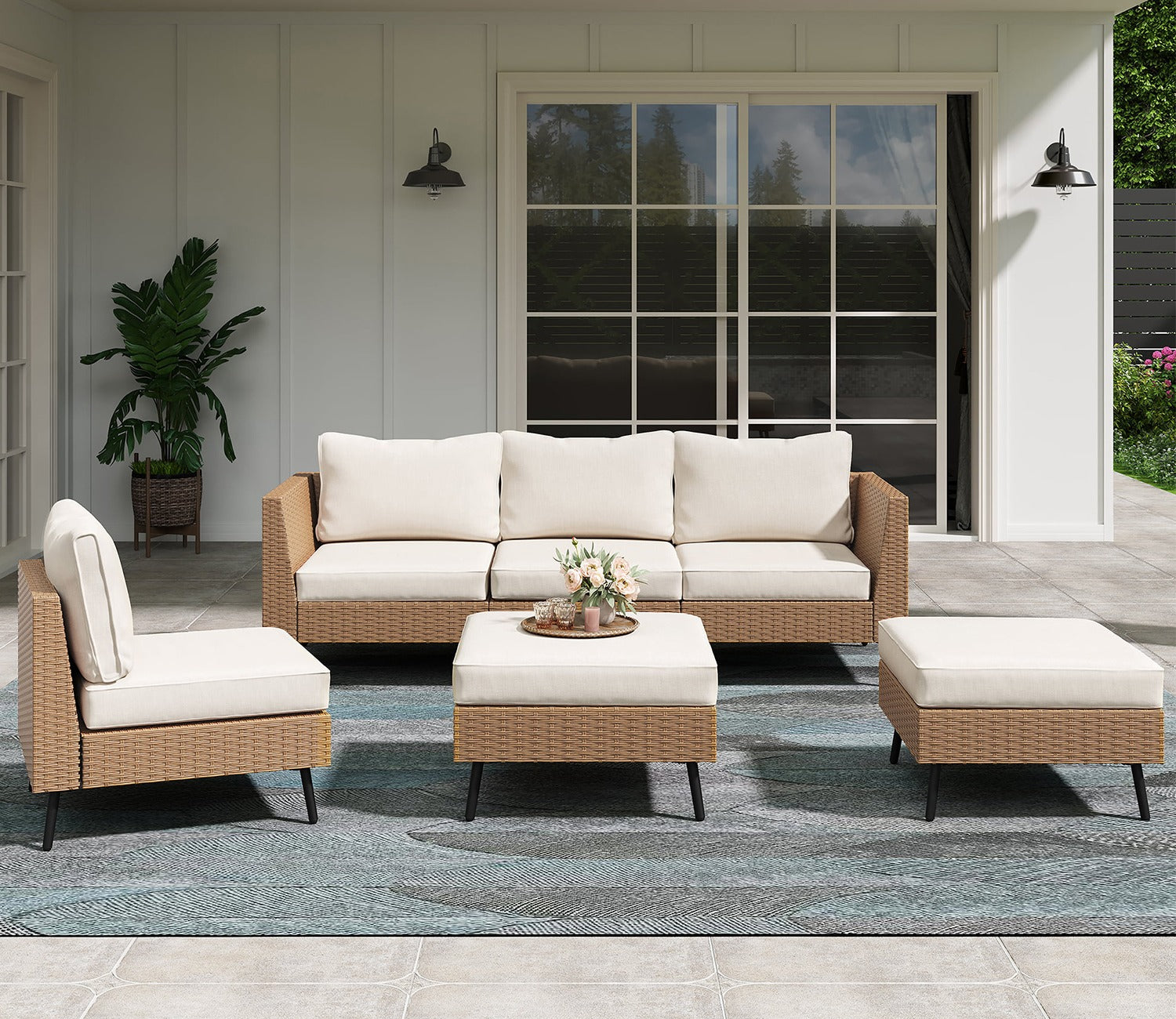 Beige Rattan And Wicker 5 Seater Patio Set With Table And Off White Cushions