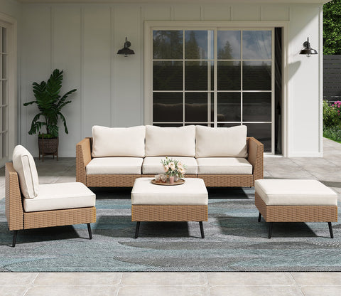 Beige Rattan And Wicker 5 Seater Patio Set With Table And Off White Cushions