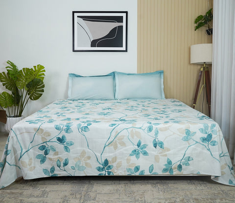 Flowery 144 TC Flat Pure Cotton King Size Bedsheet With 2 Pillow Covers (Blue)