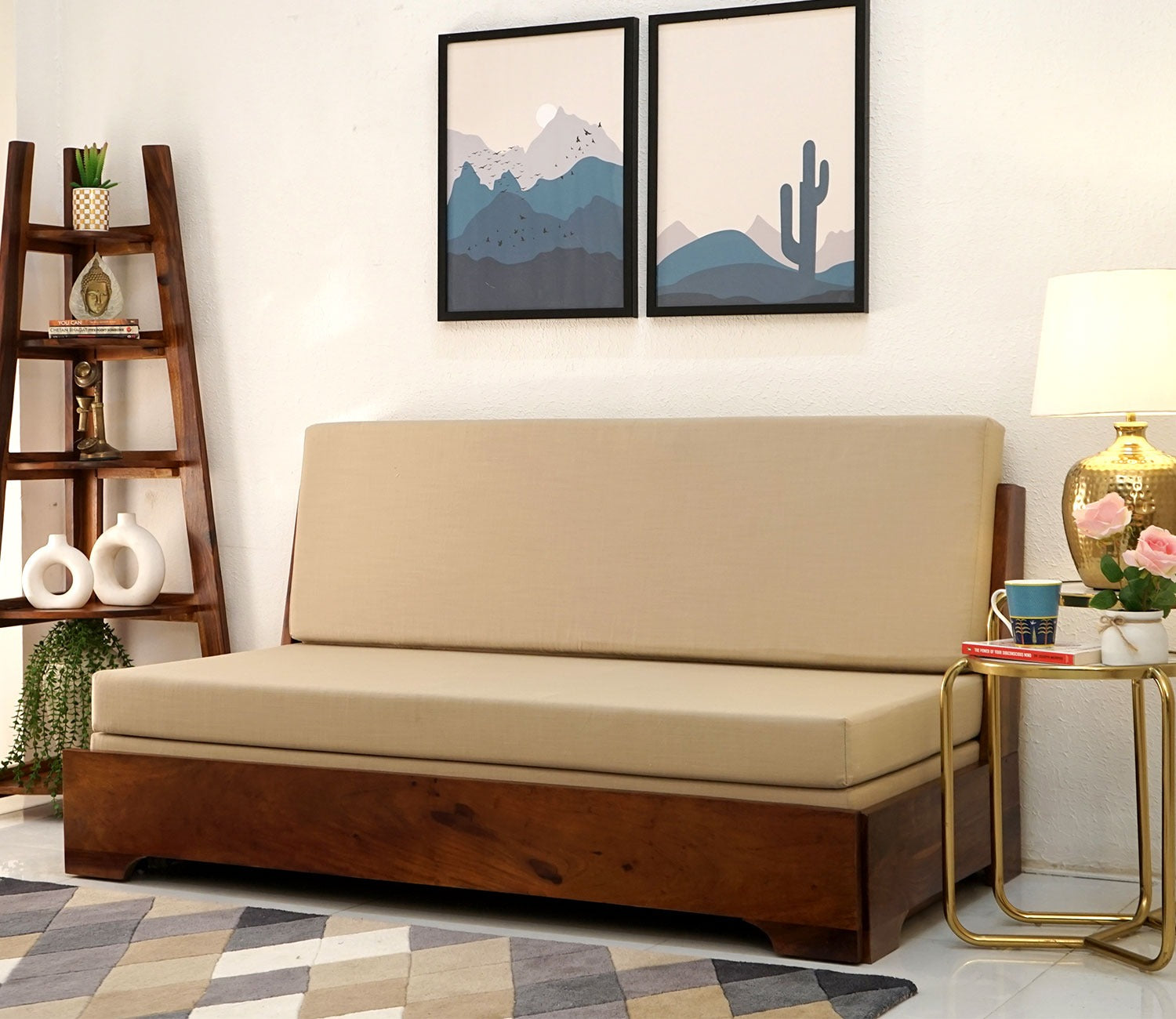 Della 3 Seater Sheesham Wood Sofa Cum Bed Without Armrests (Honey Irish Cream)