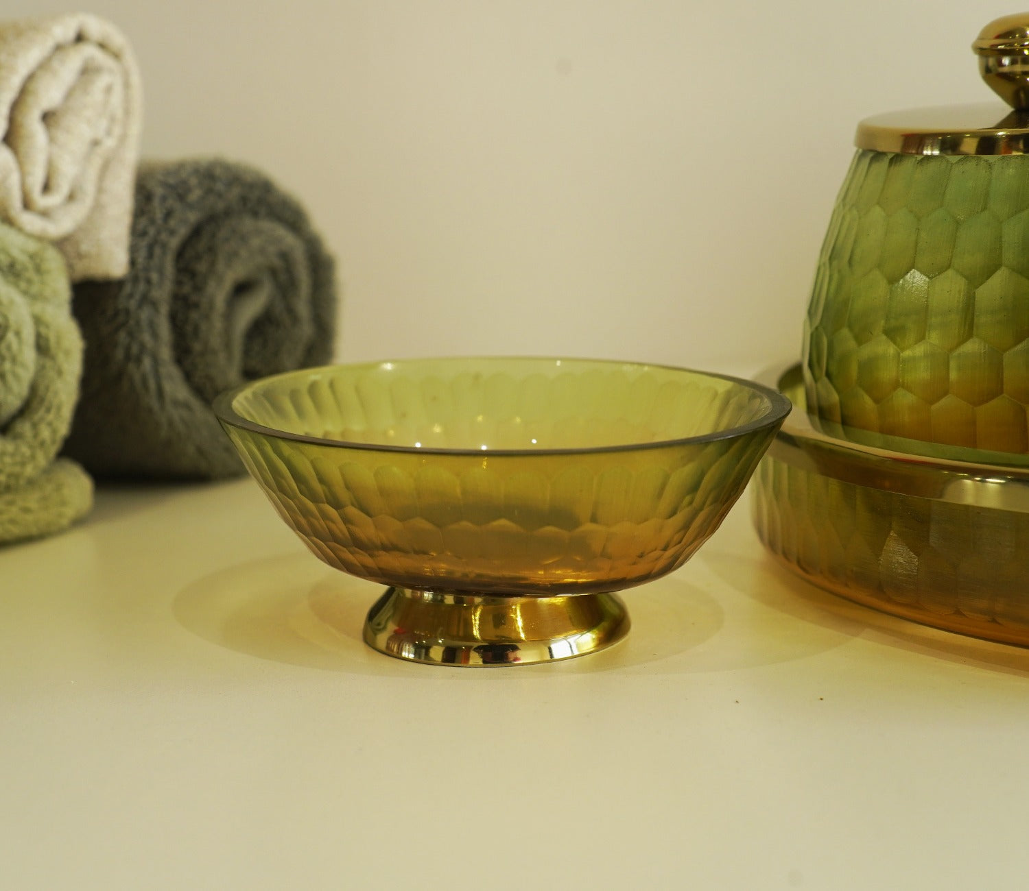 Sorrel Shady Green and Gold Glass Soap Dish