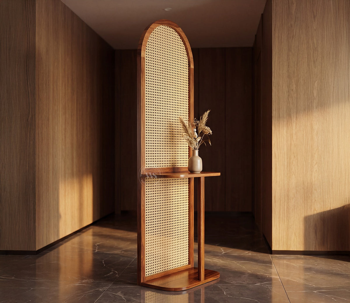 Aakruti Arch Sheesham Wood Single Panel Room Divider with Cane Weave & Open Shelf - Freestanding Partition Screen