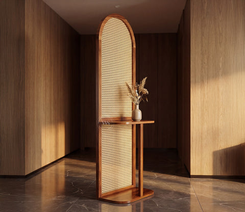 Aakruti Arch Sheesham Wood Single Panel Room Divider with Cane Weave & Open Shelf - Freestanding Partition Screen